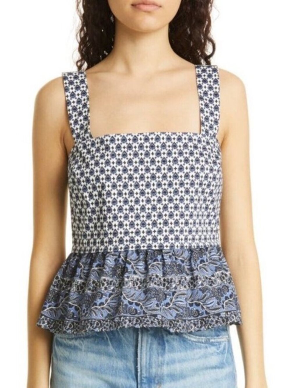 New Veronica Beard Dari Printed Cotton Peplum Paisley Print Top Blue